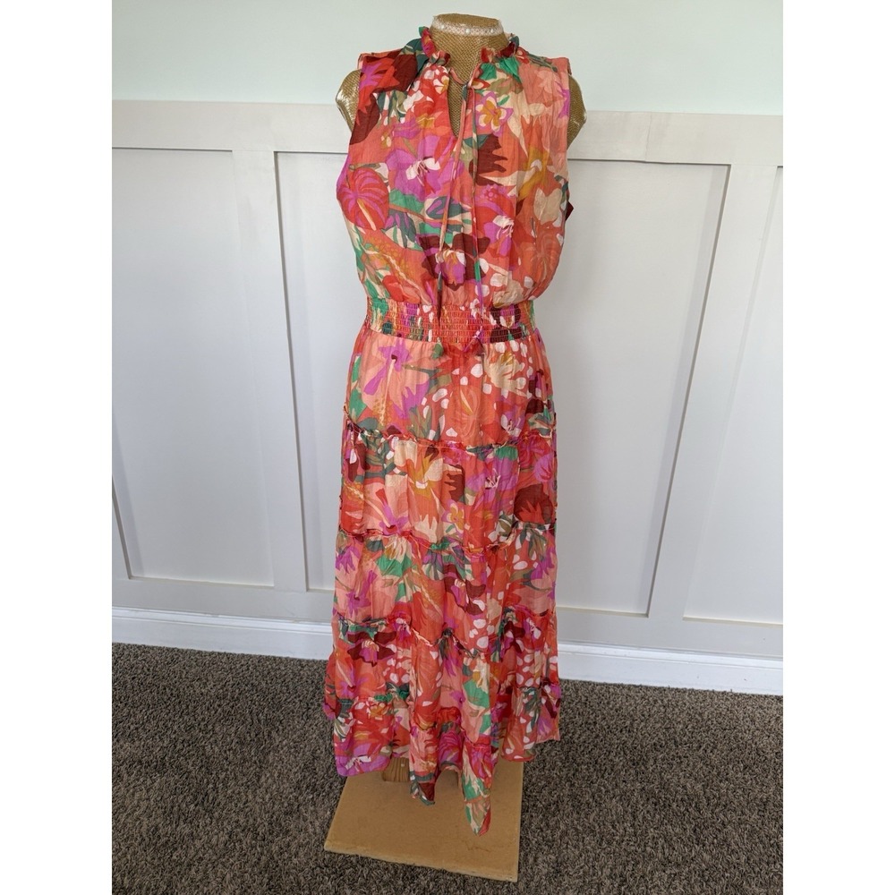 MSK Tiered Maxi Dress LARGE Floral Colorful Sleeveless Lined Smocked Tropical